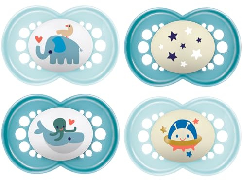 MAM Day & Night 6-16 Months SkinSoft Silicone Pacifiers with 2 travel boxes, pack of 4