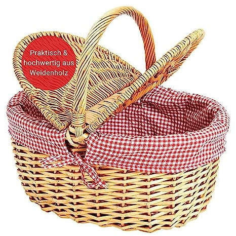WOMA Weidenkorb mit rot weiß kariertem Innenfutter I Geflochtener Natur Korb mit Deckel & Henkel I Einkaufskorb aus Weidenholz I Picknickkorb oder Präsentkorb mit Stoffauskleidung