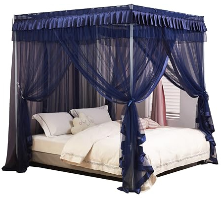 Mengersi Betthimmel, Bettvorhang, luxuriös, gemütlich, Netz, elegant, durchsichtig, Schlafzimmer-Dekoration, Zubehör für Erwachsene, Marineblau, Queensize-Bett