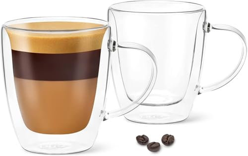 DLux Espresso Coffee Cups with Handles, Double Wall Glass Mug, Insulated Borosilicate Glassware Tea Cup, 2 pcs, 160 ml
