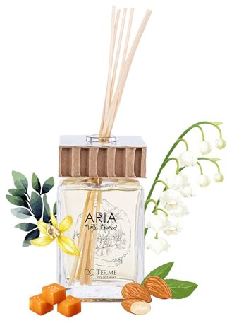 QC Terme ARIA MONTE BIANCO, Profumatore per ambiente in vetro a bastoncini 250 ml, Fragranza gourmand con note di vaniglia, caramello e zucchero filato, Made in Italy