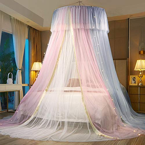VARWANEO Prinzessinnen-Betthimmel für Mädchen, Betthimmel, Vorhang, doppellagig, durchscheinendes Netz, Kuppelbettvorhang, Prinzessinnen-Moskitonetz für Doppelbett, Queen-Size-Bett (Rosa/Grau/Weiß)