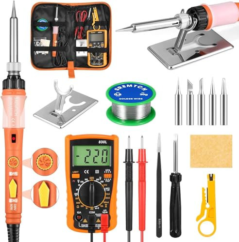 Fer a Souder Kit SREMTCH 60W Fer à Souder Électrique de Précision avec Temperature Réglable 200~450℃, Fil de Soudure, Multimètre Numérique Support de fer à Souder, Sac à Outils en PU