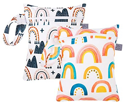 Treer 2 Stück Windeltasche Wetbag für Unterwegs, Baby Nassbeutel für Stoffwindeln, Wiederverwendbar Wasserdichte mit Reißverschluss Kindergarten Windel Organiser Taschen (Regenbogen,18x25cm)