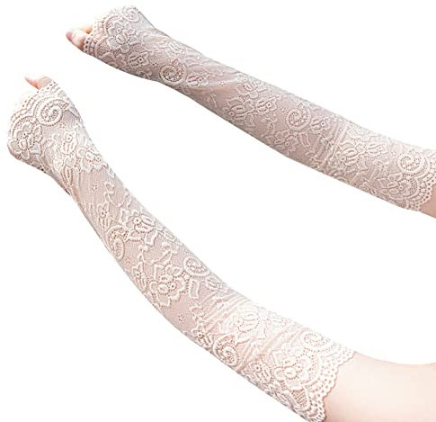 iSpchen Armstulpen Damen Spitze lange Handschuhe Braut Hochzeithandschuhe Fingerlose Netzhandschuhe Sommer Sonnenschutz Arm Sleeve Ärmel Ärmlinge Spitzen Ellenbogen Handschuhe Fahrradhandschuhe