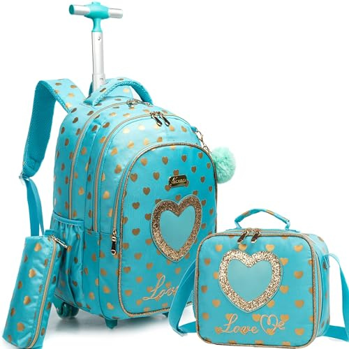 HTgroce Cartable à roulettes pour fille - Sac à dos à roulettes pour fille - Sac à dos d'écolier avec roulettes, Cœur doré, m, Fashion