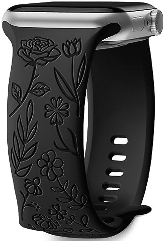 Mastten Floral Engraved Strap Compatible with Apple Watch Straps 38mm 40mm 41mm 42mm Women, Soft Silicone Elegant Rose Floral Band for iWatch SE 3 2 1 Series 11 10 9 8 7 6 5 4 3 2 1, Black
