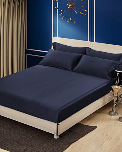 LILYSILK 25 Momme Seide Spannbettlaken 100% Maulbeerseide Superweiches Spannbetttuch bis 30cm Matratzenhöhe Atmungsaktive Seide Bettwäsche Elastisches Bettlaken Dunkel Blau, 140x200+30cm