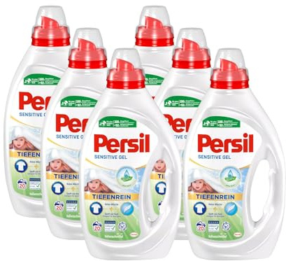 Persil Sensitive Gel (6 x 20 Waschladungen), Flüssigwaschmittel für Allergiker & Babys, mit beruhigender Aloe vera für sensible Haut, effektiv von 20 °C bis 95 °C