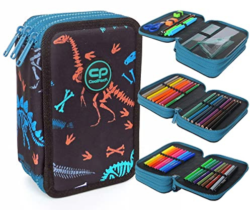 CoolPack XXL Pencil Case 3-Compartment School Pencil Case Triple Pencil Case for Boys Girls Fossil Dinosaur Pencil Case 44-Piece Filled Student Case 3-Tier, black, Pencil case