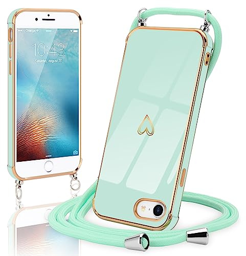 Micoden Handykette für iPhone SE 2022,iPhone 7, iPhone 8,iPhone SE 2020 Hülle Ultra dünn Kameraschutz Herz Love Galvanik Silikon Bumper Kordel zum Umhängen Handyhülle mit Band Schutzhülle,Mintgrün