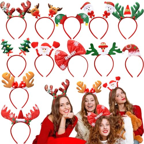 Dwenarry Haarreifen Weihnachten, Weihnachts Haarreif Stirnbänder 12 Stück | Xmas Kopfschmuck für Erwachsene,Christmas Headband,Weihnacht Accessoires für Damen, Herren,Kinder,Weihnachtsfeiern