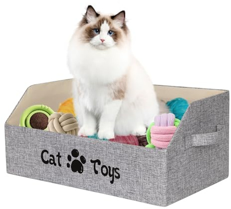 BinWhiz Große Katzenspielzeugbox, 50 x 29 x 22 cm, Pet Toy Organizer mit Griff, Faltbarer Katzenspielzeug-Aufbewahrungskorb für Spielzeug, Kleidung und Zubehör, Grau (Für Katze)