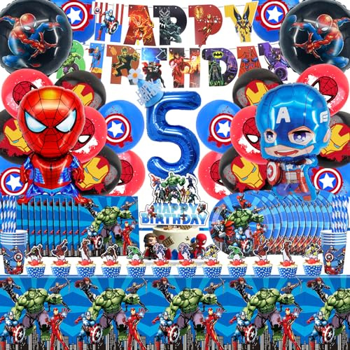 Kit Fête Decoration Anniversaire, 101 Pièces Anniversaire Vaisselle, 5 Ans Ballon Aluminium d'anniversaire Deco, Super-héros Nappe Bannière Décoration Serviette Tasse Assiette Kit