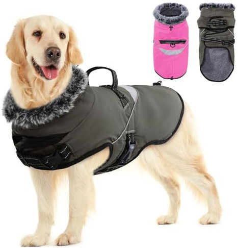 LIANZIMAU Wasserdichter Hundemantel mit Geschirr Wintermantel Hundepullover Fleece Reflektierende Hundejacke Regenmantel für kleine, mittlere und große Hunde