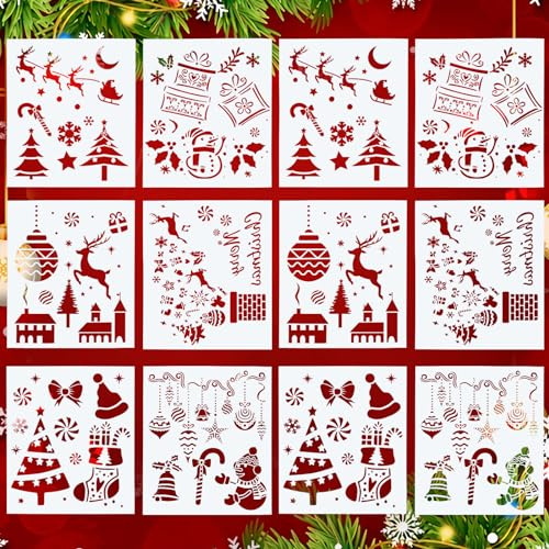 12 Stück Schablonen Weihnachten, Schablonen Kind, Vintage Malschablonen, Weihnachtsschablonen, Zeichenschablonen, Kunststoff Schablone Wiederverwendbar (21 X 18cm)