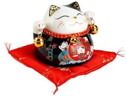 HERCHR Salvadanaio Maneki Neko, Salvadanaio a Forma di Gatto Portafortuna, Salvadanaio a Forma di Gatto in Porcellana fine, Giapponese Cat Salvadanaio, per attirare ricchezza e buona Fortuna(Nero)