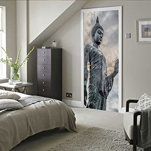 türaufkleber 95x215cm(37.4 inches * 84.64 inches) Buddha skulptur 3D Türaufkleber PVC Selbstklebende Wasserdichte Abnehmbare Art Decals für Dekoration Wandbild Türtapete selbstklebend TürPoster