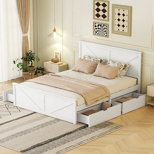 Zravenna Doppelbett 160x200 cm, Stauraumbetten mit 4 Schubladen,Bettgestell mit Holz Lattenrost und Kopfteil,Bettrahmen, Holzpritschenbett, Ohne Matratze (Weiß)