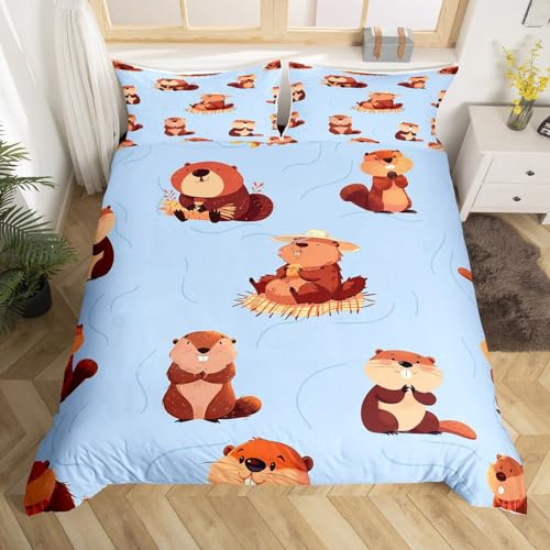 Cartoon Beavers Bedding Set Cute Wild Animals Bedding Duvet Cover Set Rustic Style Beavers Comforter Cover Brown Blue Bedspread Cover Bedroom Quilt Cover Queen,No Comforter