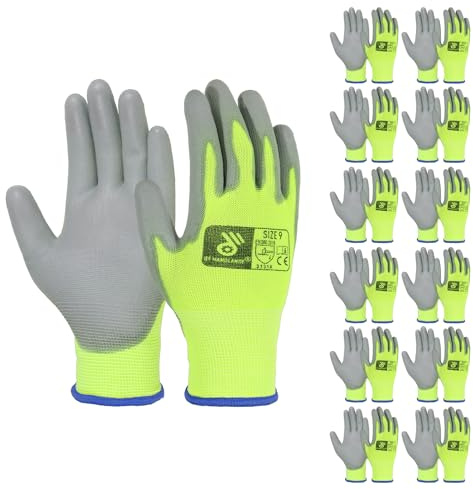 HANDLANDY 12 Pairs PU Coated Nylon Black Protective Work Gloves, Non-slip Flexible Gloves for Construction, Warehouse, Gardening (Hi-vis Yellow, Large)