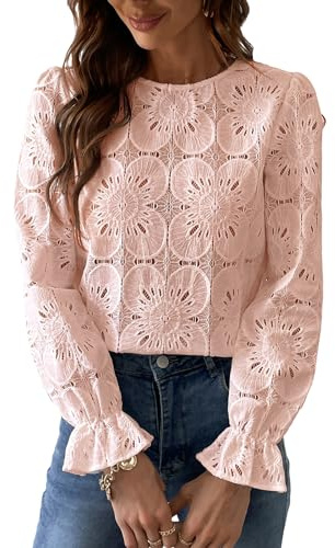 CUPSHE Blusa para mujer con recortes florales, cuello redondo, manga larga, puños elásticos, camisa elegante, rosa claro, L