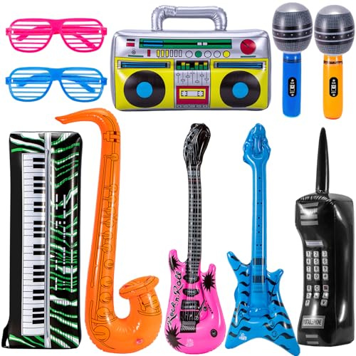 10 Stück Aufblasbare Rock Star Toy Set, Aufblasbare Instrumente Party Props, Inflatable Guitar Boom Box Keyboard Piano Saxophon Party Favors for Theme Party Decorationen, Rock and Roll Party Supplies