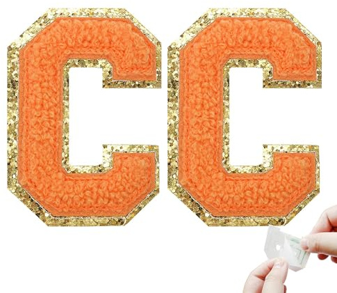 Selbstklebende Buchstaben-Patches zum Aufkleben auf Chenille, kleine Buchstaben, Pailletten, Chenille, Buchstaben-Patches für Rucksack, Handwerk, Laptop, Schultasche, Kleidung (Orange, C)
