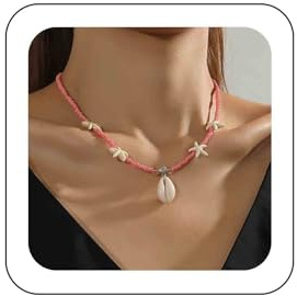 Inateannal Collar Gargantilla Con Cuentas Rosas, Concha de Estrella de Mar y Cauri de Playa Verano