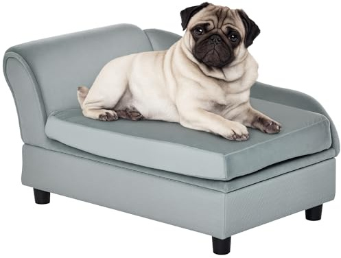 PawHut Divano per Cani Taglia Piccola con Spazio Portaoggetti a Scomparsa e Cuscino, Divanetto per Cani in Legno e Poliestere, 76x45x43 cm, Grigio Chiaro