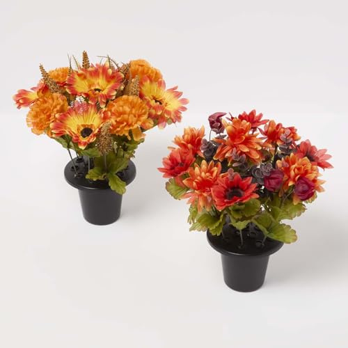 HOMESCAPES Mixed Artificial Autumnal Flowers Grave Pot With Sunflowers Foxtail Set of 2 Pots of Realistic Vibrant Red Yellow Orange Fake Flowers Ideal Memorials Decor