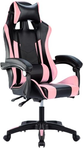LVYWEX Ergonomischer Gaming-Stuhl, Rückenlehne aus Holz Komfortabler Atmungsaktiver Bürostuhl Höhenverstellbarer Computerstuhl mit Fußhocker Zurücklehnen(Blackpink_Without)