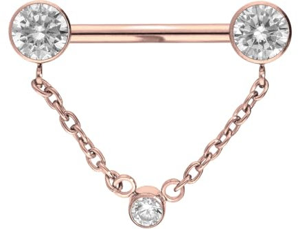PIERCINGLINE Titan Barbell mit Push Fit KETTE + KRISTALLDISCS Brustwarzenpiercing Nippelpiercing Roségoldfarben 1,6 x 14 mm