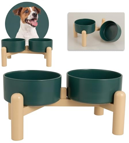 Ciotole per Cani Rialzate Ceramica - Set di 2 Ciotole Cane con Supporto Antiscivolo - Ciotola Doppia per Cani per Cibo e Acqua - Adatte per Cani di Piccola e Media Taglia - 2 x 850 ml - Verde