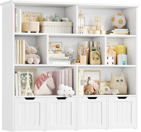 FOREHILL Kinderregal mit Boxen auf Rollen, Kinderbücherregal mit mit 4 Ebenen, Kinderzimmer Möbel, Spielzeugregl, Aufbewahrungregal,Bücherregal für Kinder, Kinderschrank, Regal weiß 125.5x33x118cm