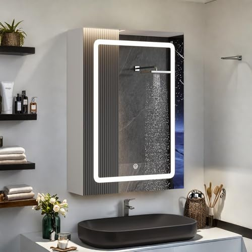 Julyue Badrumsspegel med LED-belysning, spegelskåp, väggspegel med 3 färgtemperaturer, dimbar med touch-brytare, badrumsskåp med hylla, dimfri 50 x 70 cm (50 x 70)