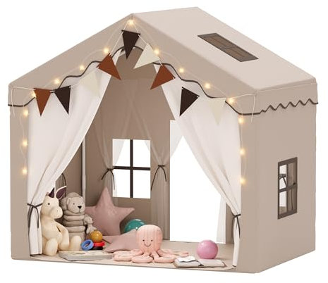 EROMMY 2-in-1 kinderzelt mit Matte, bunten Fahnen und Leuchtstreifen, Doppeltür-Design Zelt kinderzimmer für drinnen mit Dachfenster,Spielhaus für 3+ Jahre Braun