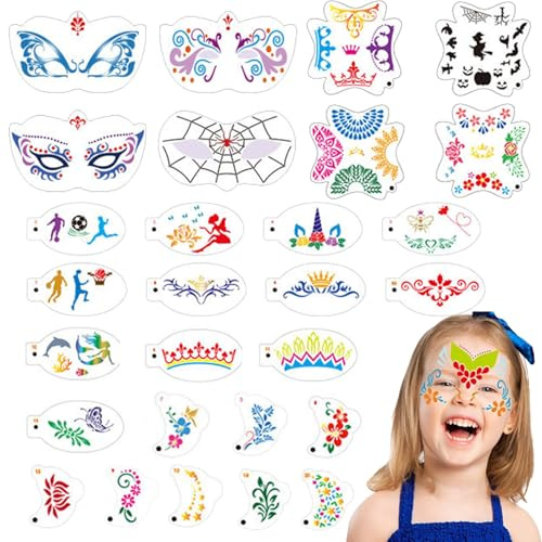 CUVZORA Tattoo Schablone, 28 Sheets Wiederverwendbare Gesichtsfarbe Schablonen Kit, Kreativität Tattoo Schablone für Halloween Schminke Partys für Kinder Erwachsene Party Fasching Weihnachten