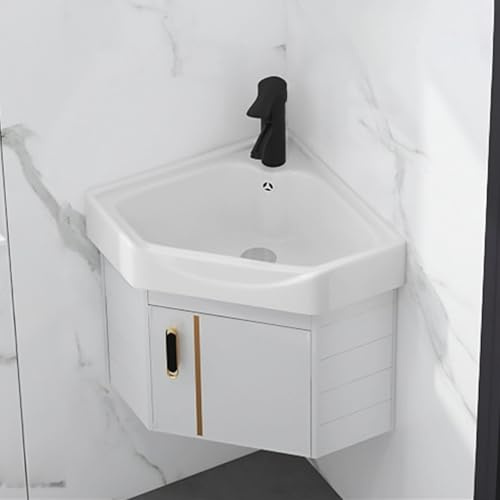 Eckwaschbecken fürs Badezimmer – 15 Zoll großer, wandmontierter Keramikwaschtisch mit Aufbewahrungsbehälter – platzsparendes Design für kleine Badezimmer – stilvolle Eckwaschbecken fürs Bade
