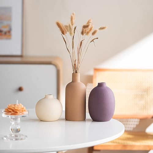 Set di 3 Vaso in Ceramica,Vaso Deco Estetico Neutro Boho Scandinavo Vasi di Fiori Decorazione, arredamento moderno della fattoria,per soggiorno,tavolo,scaffale,ingresso (Marrone chiaro Porpora Beige)