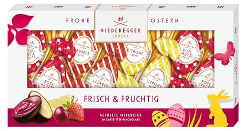 Niederegger | Pralinen Eier | Frisch & Fruchtig | 1x 100g | Gefüllte Eier in den Sorten Zitronen-, Erdbeer-, & Rote-Grütze-Creme | Umhüllt von Zartbitter-Schokolade | Ostereier | Ostergeschenk