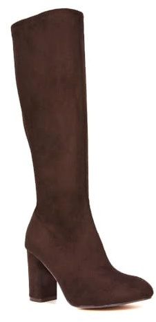 ESSEX GLAM Women's Stretch Knee High Boots Ladies Block Heel Elasticated Calf Brown Faux Suede Long Shoes Size 8