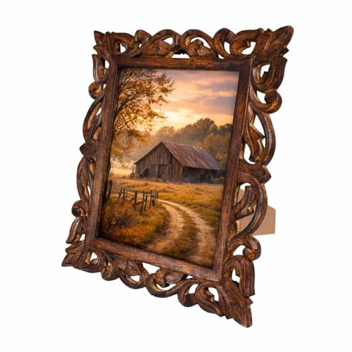 indoStrides Large Hand Carved Mango Wood Rustic 8x10 Picture Frame with Real Glass - Aesthetic Vintage Wood Frame for Tabletop and Wall Mount Use - Rustic Home Decor Perfect for Your Memories