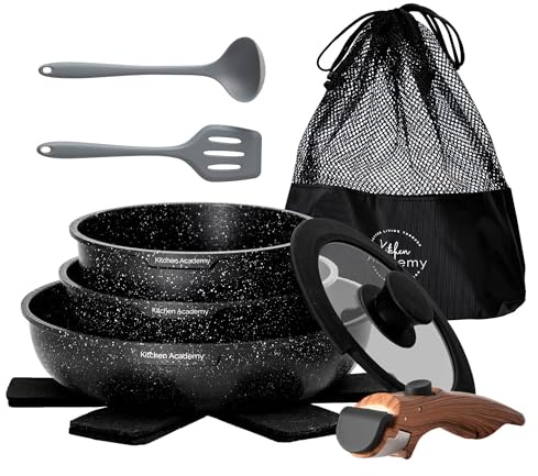 DishDelight Topfset Pfannenset Abnehmbarer Griff 10-teilige Camping Pfanne Töpfe Induktion mit Deckel Platzsparendes Topf und Pfannenset