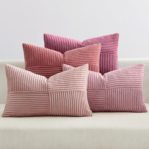 EMEMA Kissenbezug Kordsamt Patchwork Kissenhülle 40x60 Rosa Serie | 4er Set Zierkissenbezug Dekokissen Sofakissen Kord Dekorative Kissen für Sofa Sessel Zuhause Schlafzimmer
