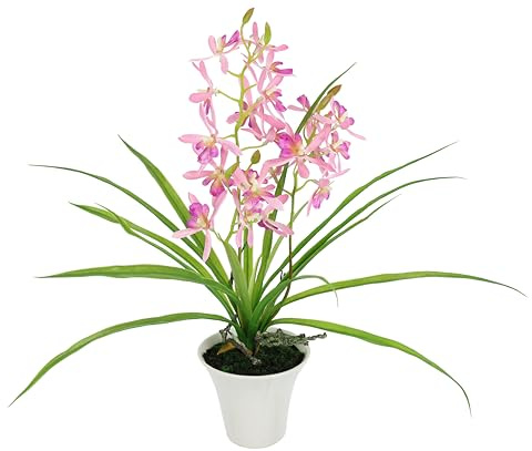 Kunstblume Orchidee 40cm mit Blätter und Luftwurzeln im Topf Künstliche Blume Kunstorchidee Phalaenopsis mit Übertopf Kunstpflanze Hochzeit Deko Dekoblume Seidenblume Real Touch Blüte