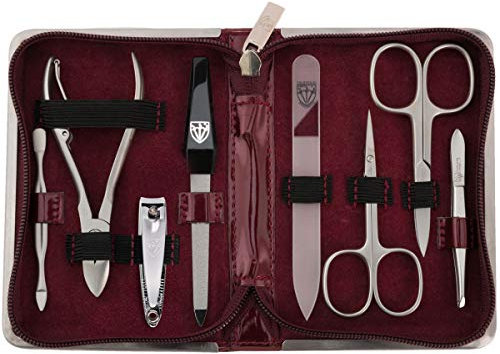 DREI SCHWERTER Germany Maniküre Set Nagelset 'Andria' - 8-tlg. aus weinrotem Kunstlackleder, Inhalt: Nagelschere, Nagelzange, Glasnagelfeile, Hautschere, Pinzette und vieles mehr!