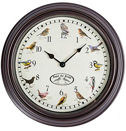 HOMESCAPES Bird Song Wall Clocks for Living Room, Hourly Chime with 12 Bird Images & Sounds, Battery Operated Quartz, Bedroom or Kitchen Clock - 30cm