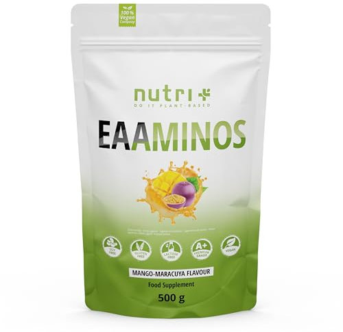 POLVERE DI EAA 500g Vegan - DOSAGGIO MASSIMO - tutti gli aminoacidi essenziali - gusto mango-frutta della passione EAA - Nutri-Plus Sports - Amminoacidi essenziali