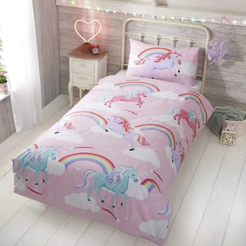 Rapport Home My Little Unicorn Cot Duvet Cover Set for Girls - Pink Polycotton Kids Bedding with Matching Pillowcase (135x200cm) Oeko-Tex Certified